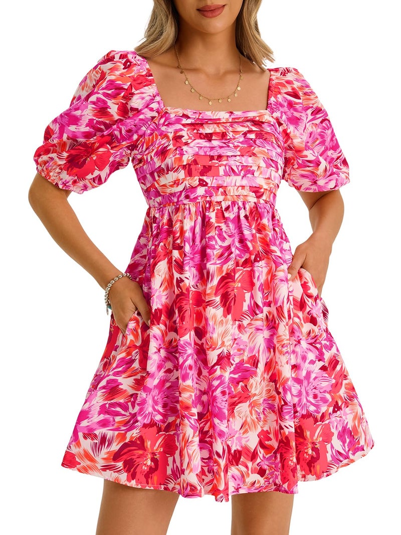 Wenrine Womens Summer Square Neck Mini Dresses Casual Floral Puff Short Sleeve Smocked High Waisted A-Line Babydoll Dress Pink - Image 1