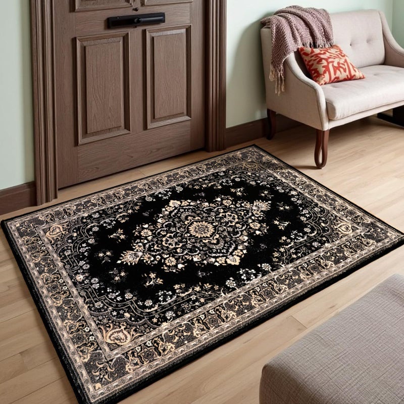 HOMORE 2x3 Area Rug Small Black Rugs for Bedroom, Washable Rug for Entryway, Non Slip Low Pile Indoor Door Mat for Entrance Small Kitchen Rugs Vintage Floral Rug for Living Room Dorm Decor - Image 1