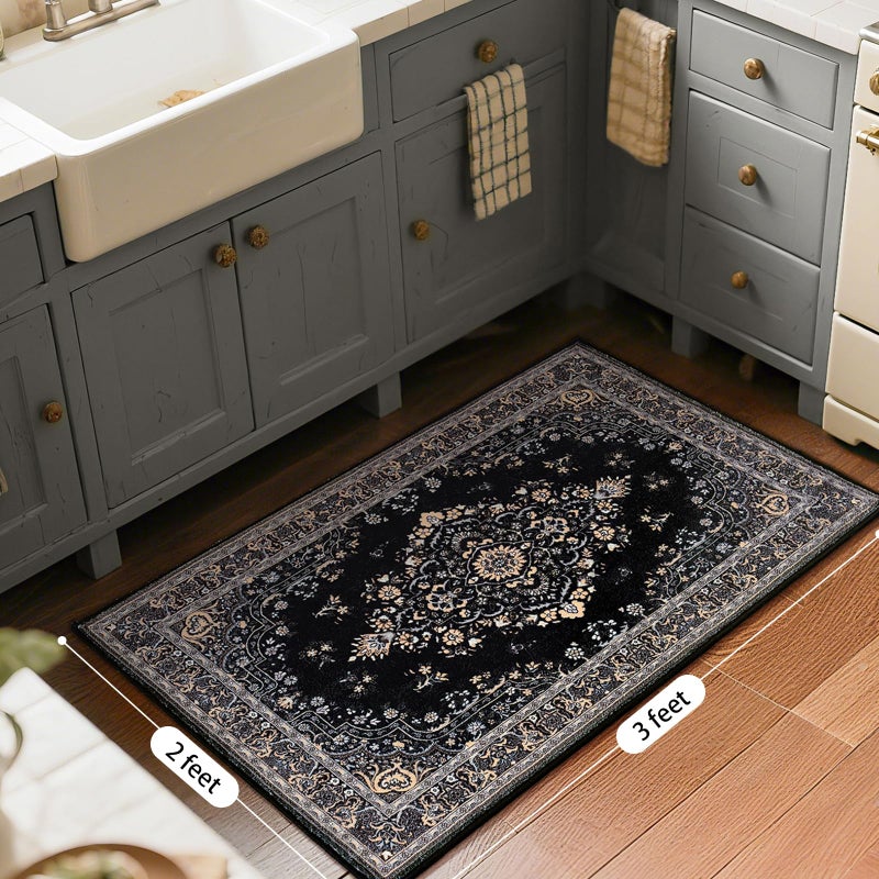 HOMORE 2x3 Area Rug Small Black Rugs for Bedroom, Washable Rug for Entryway, Non Slip Low Pile Indoor Door Mat for Entrance Small Kitchen Rugs Vintage Floral Rug for Living Room Dorm Decor - Image 3