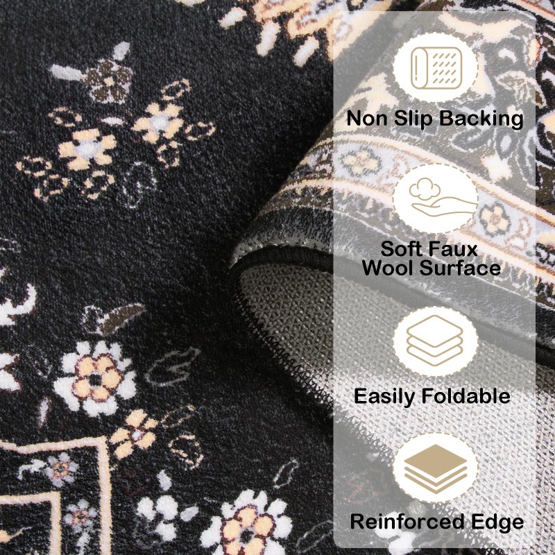 HOMORE 2x3 Area Rug Small Black Rugs for Bedroom, Washable Rug for Entryway, Non Slip Low Pile Indoor Door Mat for Entrance Small Kitchen Rugs Vintage Floral Rug for Living Room Dorm Decor - Image 2