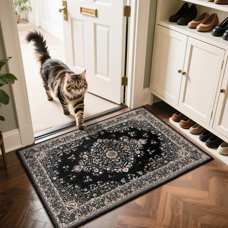 HOMORE 2x3 Area Rug Small Black Rugs for Bedroom, Washable Rug for Entryway, Non Slip Low Pile Indoor Door Mat for Entrance Small Kitchen Rugs Vintage Floral Rug for Living Room Dorm Decor - Image 5