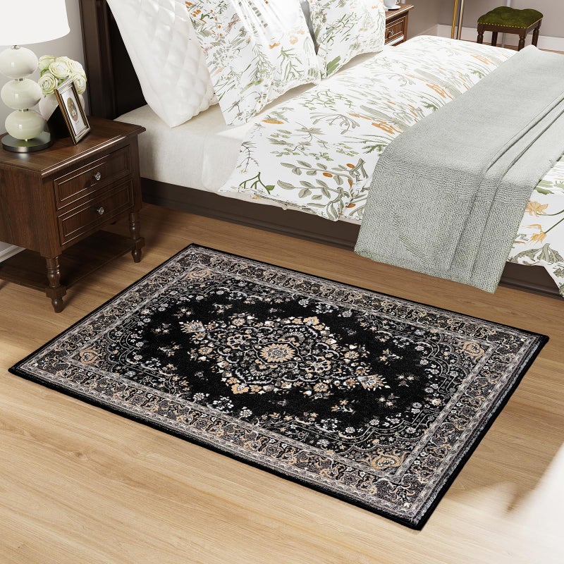 HOMORE 2x3 Area Rug Small Black Rugs for Bedroom, Washable Rug for Entryway, Non Slip Low Pile Indoor Door Mat for Entrance Small Kitchen Rugs Vintage Floral Rug for Living Room Dorm Decor - Image 4
