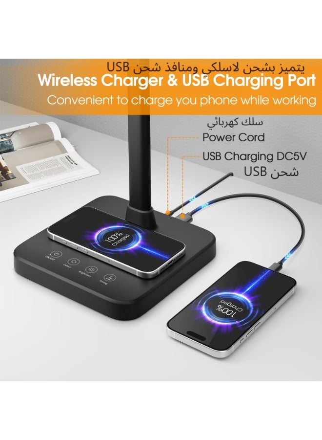 اكسيسن مصباح مكتبي LED مزود بشحن لاسلكي ومنفذ شحن USB واحد، مصابيح مكتب تعمل باللمس مع مؤقت 40 دقيقة، 5 أوضاع للألوان، 5 درجات سطوع، مصباح مكتب مزدوج الرأس لشاشة الكمبيوتر والمنزل والمكتب - Image 2