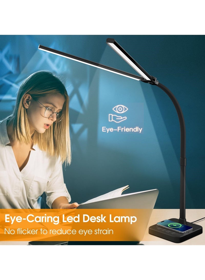 اكسيسن مصباح مكتبي LED مزود بشحن لاسلكي ومنفذ شحن USB واحد، مصابيح مكتب تعمل باللمس مع مؤقت 40 دقيقة، 5 أوضاع للألوان، 5 درجات سطوع، مصباح مكتب مزدوج الرأس لشاشة الكمبيوتر والمنزل والمكتب - Image 5