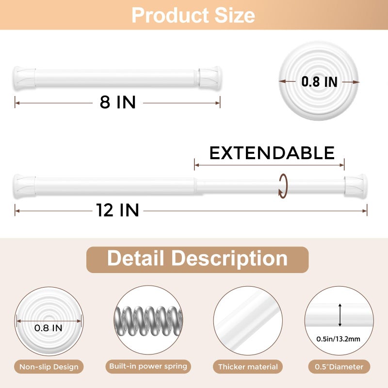 Fvonzn 4 Pack Short Spring Tension Curtain Rod 8 to 12 Inch, Mini DIY Tension Rods No Drill for Slim Window Cupboard Sidelights, White - Image 3