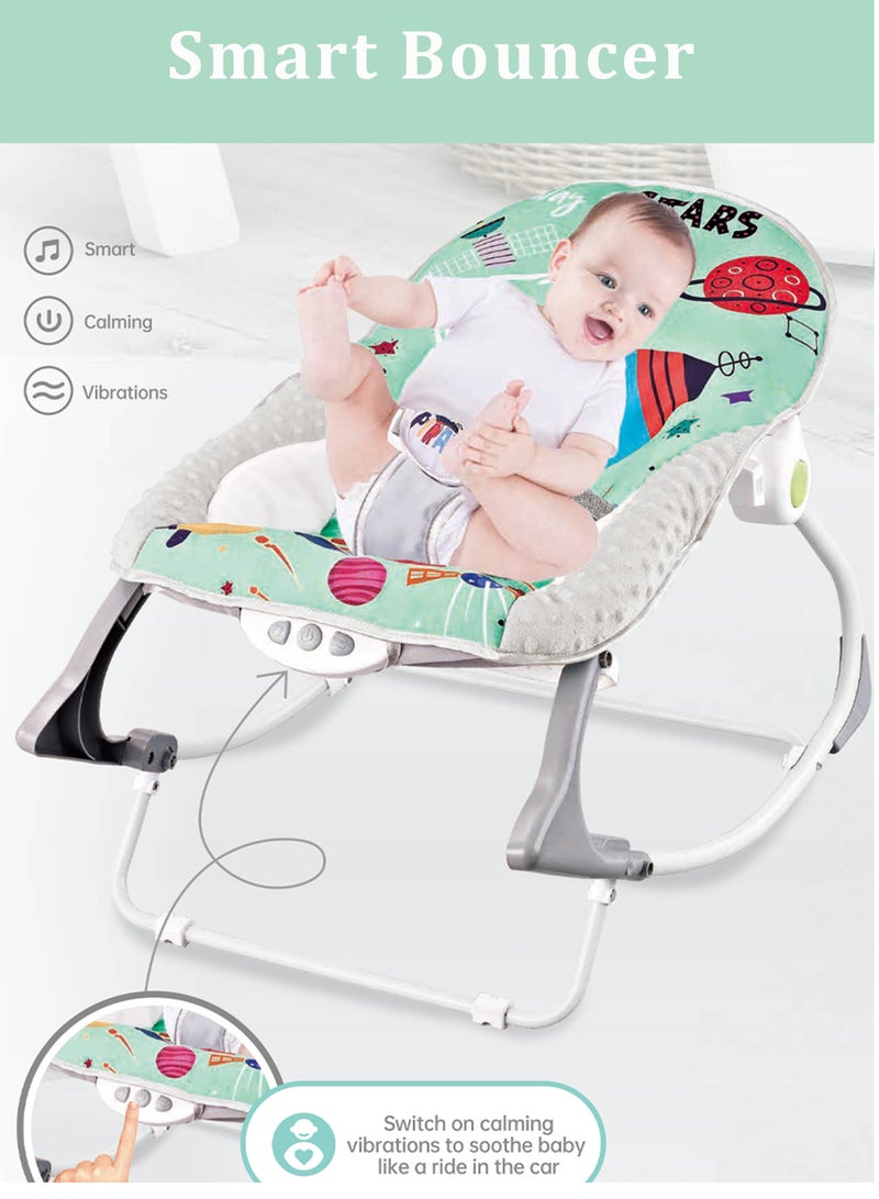 Factory Price Printed Baby Rocker With Soothing Music,  Calm Vibrations and Removable Toys - Space Green - Image 2