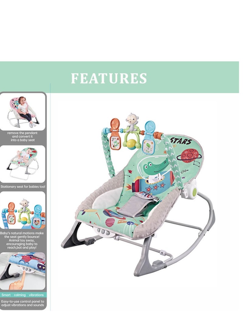 Factory Price Printed Baby Rocker With Soothing Music,  Calm Vibrations and Removable Toys - Space Green - Image 3