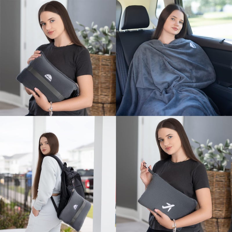 BlueHills Travel Blanket Pillow in Mini Soft Case Premium Plush Airplane Blanket Soft Bag Compact Pack with Luggage Belt and Backpack Clip Small Lightweight Traveling Plane Essentials - Grey Gray M01 - Image 2