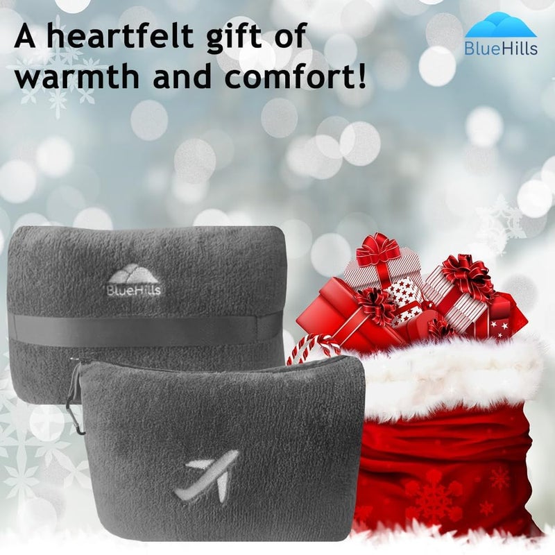 BlueHills Travel Blanket Pillow in Mini Soft Case Premium Plush Airplane Blanket Soft Bag Compact Pack with Luggage Belt and Backpack Clip Small Lightweight Traveling Plane Essentials - Grey Gray M01 - Image 3