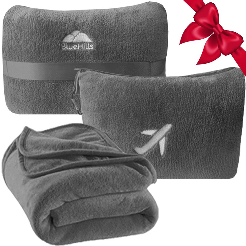 BlueHills Travel Blanket Pillow in Mini Soft Case Premium Plush Airplane Blanket Soft Bag Compact Pack with Luggage Belt and Backpack Clip Small Lightweight Traveling Plane Essentials - Grey Gray M01 - Image 1