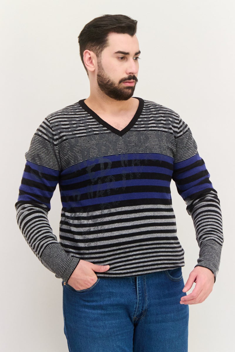 Ed Hardy سويت شيرت رجالي مزين بخطوط على شكل حرف V، رمادي - Image 1