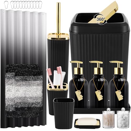 WSBArt 32PCS Bathroom Set Bathroom Sets with Shower Curtain and Rugs Black Bathroom Accessories,Shower Curtain Set,Bathroom Rug Set with Bathroom Trash Can - Image 1