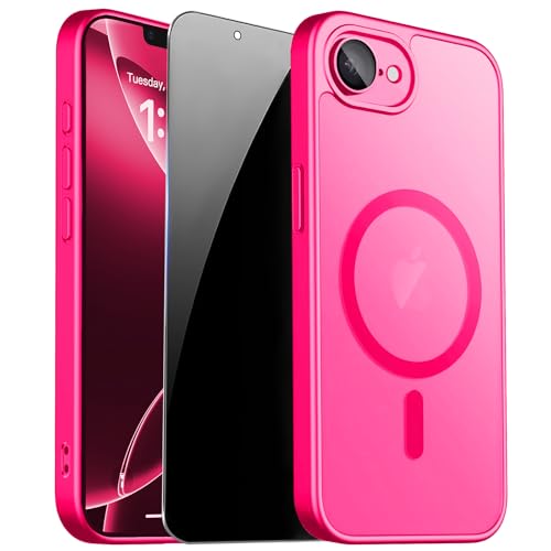 ZOZDOKG for iPhone 17e Case & iPhone 16e Case with Privacy Screen Protector and Camera Protection, Compatible with MagSafe,Magnetic Shockproof Phone Cover for iPhone 17 e / 16 e Women/Girls - Hot Pink - Image 1