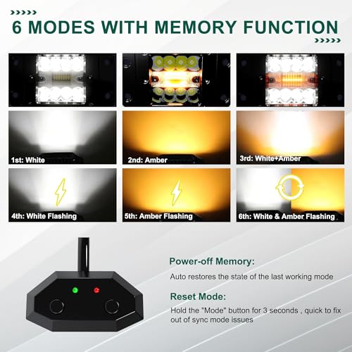 ASLONG 2PCS 5Inch LED Flush Mount Pods 6 Modes Amber/White Flasing Strobe Fog Lights Offroad Backup Light Reverse Light Grill Mount Light with Switch Wiring Harness for Truck UTV 4x4 Car, Black - Image 3