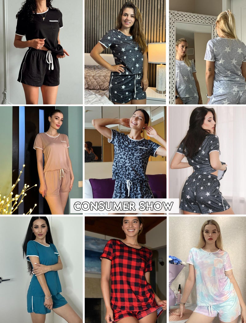 Ekouaer Pajama Set for Women 2 Piece Lounge Set Short Sleeve Tops and Shorts Soft Sleepwear, Chest Pocket Black - Image 5