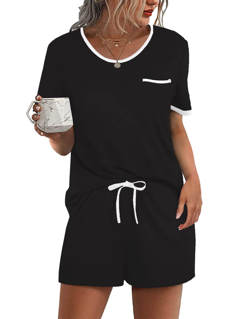 Ekouaer Pajama Set for Women 2 Piece Lounge Set Short Sleeve Tops and Shorts Soft Sleepwear, Chest Pocket Black - Image 1