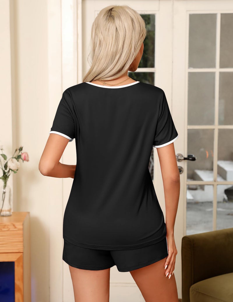 Ekouaer Pajama Set for Women 2 Piece Lounge Set Short Sleeve Tops and Shorts Soft Sleepwear, Chest Pocket Black - Image 4
