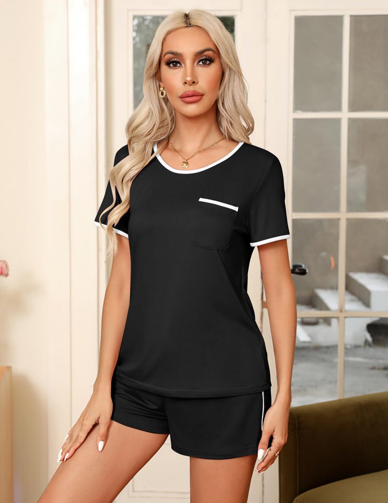 Ekouaer Pajama Set for Women 2 Piece Lounge Set Short Sleeve Tops and Shorts Soft Sleepwear, Chest Pocket Black - Image 3
