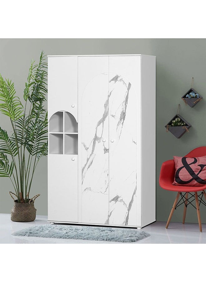 DANUBE HOME Hello 3 Door Wardrobe Extra Sturdy Closet, Clothes Storage Cupboard Modern Design Space Saving Swing Door Cabinet For Bedroom L 50x120x202.5 cm  White/White Faux Marble  - Image 1