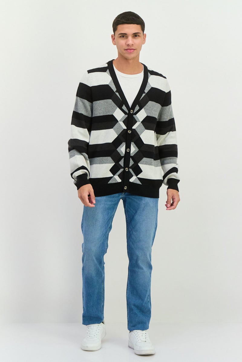 PERRY ELLIS Men V-Neck Long Sleeves Striped Cardigan, Black  - Image 4