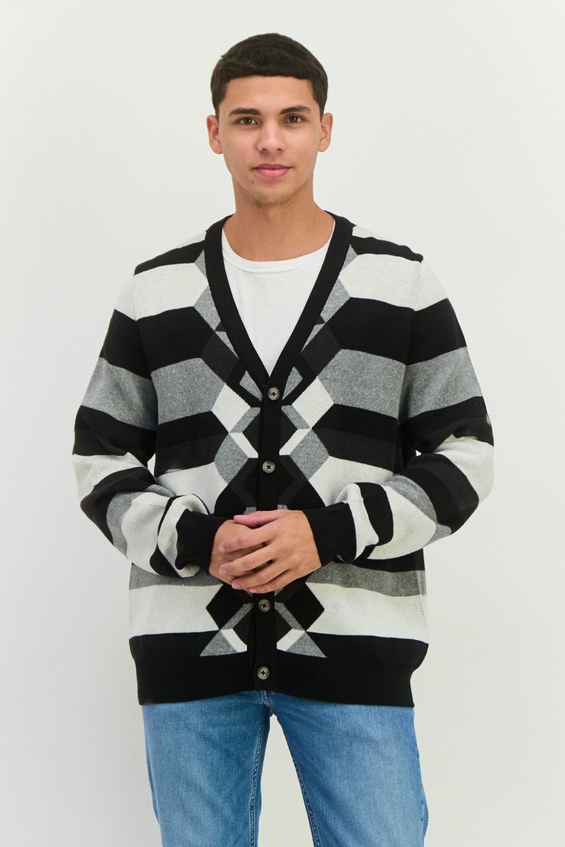 PERRY ELLIS Men V-Neck Long Sleeves Striped Cardigan, Black  - Image 1