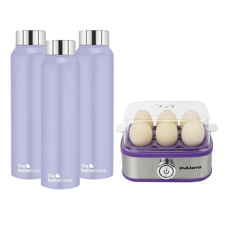 The Better Home The Better Home FUMATO Eggwhiz Electric Egg Boiler 210W 6 Egg Boiler Purple Stainless Steel Water Bottle 1 Litre Pack of 3 Purple  - Image 1