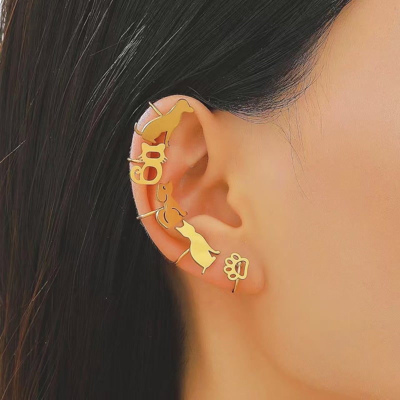 ofeankri Cross-Border Cute Minimalist Cat and Dog Paw Earrings, Gold-Plated Stainless Steel, No Piercing Required - Image 2