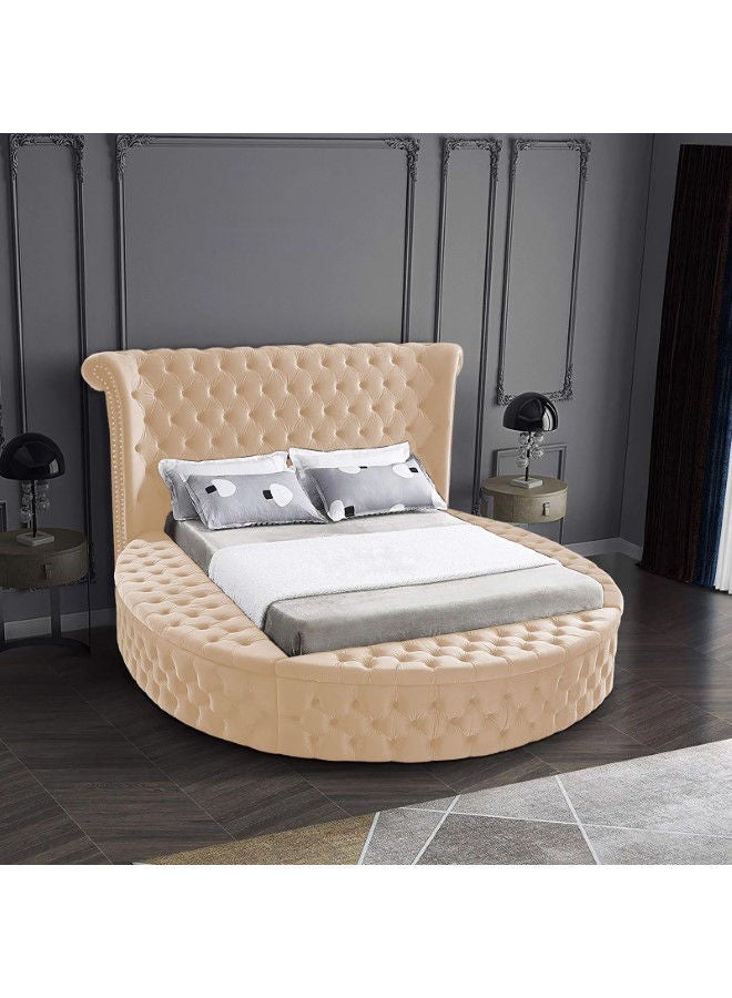 In-House Lotus | Wooden Bed Frame Upholstered in Velvet - Beige  - Image 1