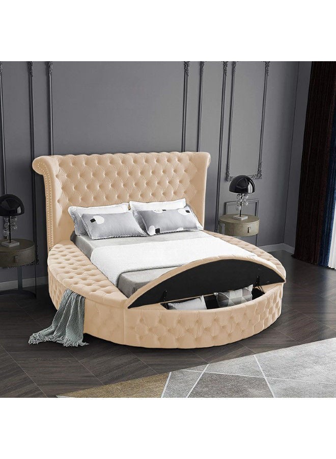 In-House Lotus | Wooden Bed Frame Upholstered in Velvet - Beige  - Image 2