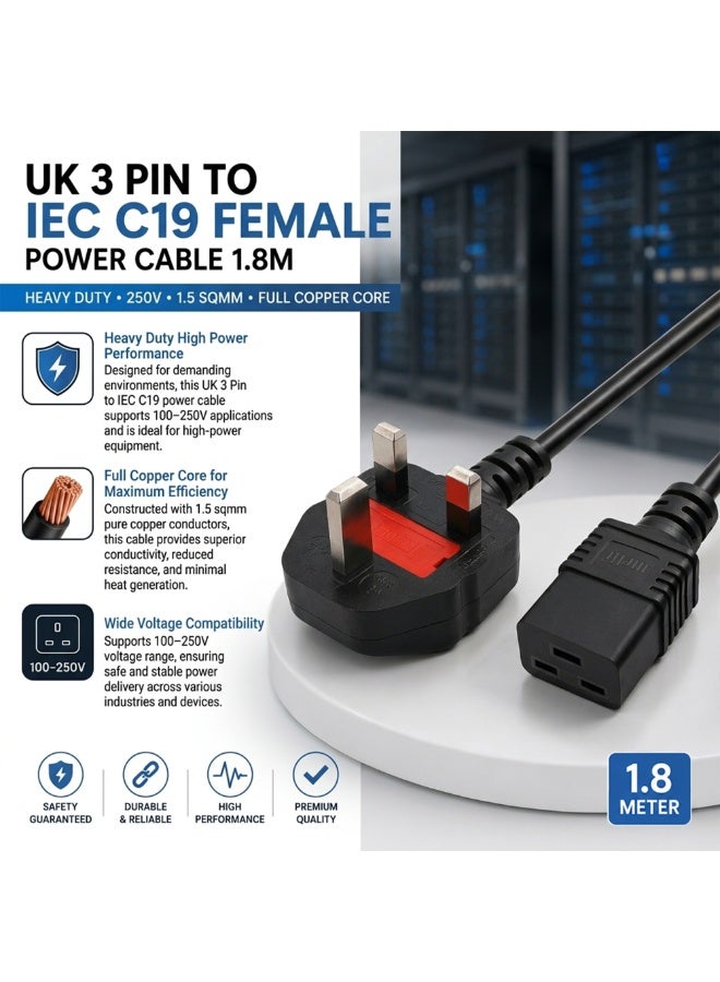 Melfi UK 3 Pin to IEC C19 Female Power Cable 1.8M Heavy Duty 250V, 1.5 Sqmm Full Copper Core Server UPS Power Cord for PDU, Data Center Equipment, Mining Rigs & High Power Devices - Image 3