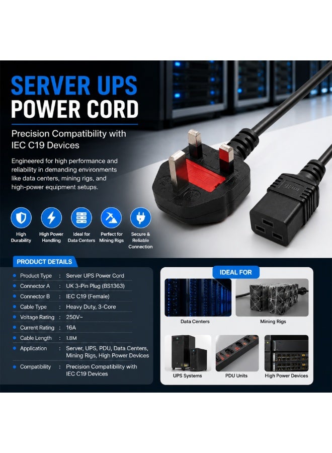 Melfi UK 3 Pin to IEC C19 Female Power Cable 1.8M Heavy Duty 250V, 1.5 Sqmm Full Copper Core Server UPS Power Cord for PDU, Data Center Equipment, Mining Rigs & High Power Devices - Image 4