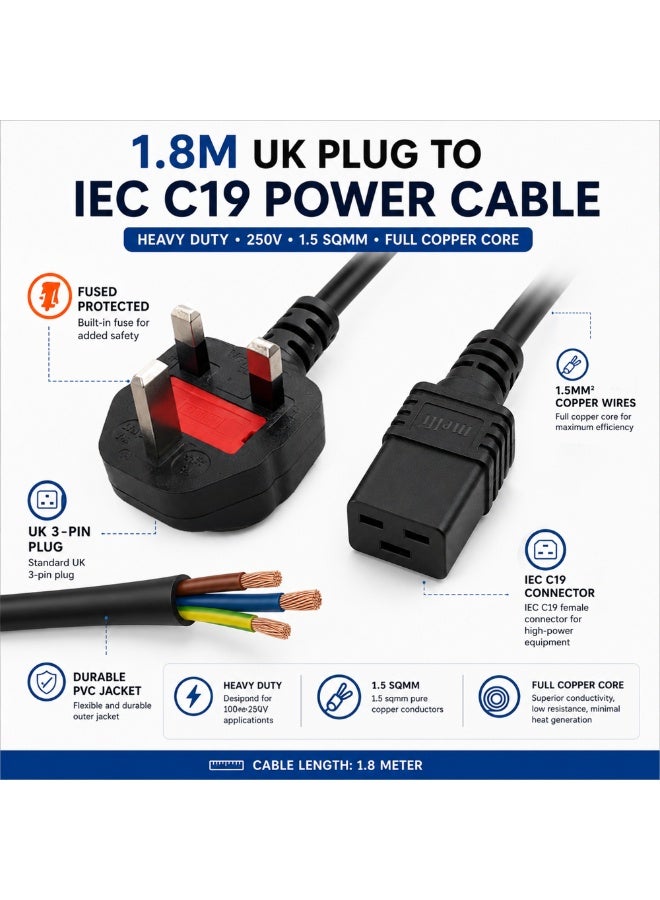 Melfi UK 3 Pin to IEC C19 Female Power Cable 1.8M Heavy Duty 250V, 1.5 Sqmm Full Copper Core Server UPS Power Cord for PDU, Data Center Equipment, Mining Rigs & High Power Devices - Image 2