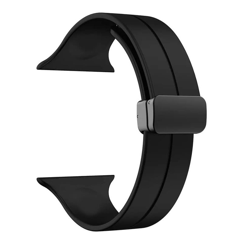 HUMBLE Silicone Strap with Folding Magnetic Lock Compatible with iWatch Series 10 (46mm) Series 9, 8, 7 (45mm) Series 6, 5, 4, SE, SE2 (44mm, 42mm) Ultra/Ultra 2 (Watch Not Included)- Black - Image 1