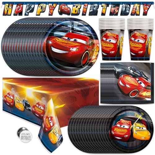 Unique Disney Cars Birthday Decorations Serves 16 Guests Lightning McQueen Birthday Decorations Tablecloth Banner Plates Napkins Button Officially Licensed - Image 1