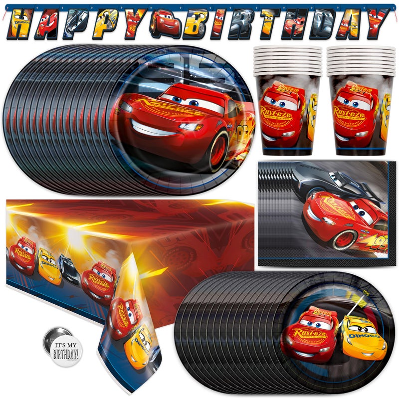Unique Disney Cars Birthday Decorations Serves 16 Guests Lightning McQueen Birthday Decorations Tablecloth Banner Plates Napkins Button Officially Licensed - Image 2