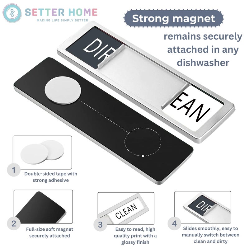 SETTER HOME Clean dirty magnet for dishwasher, Premium Clean Dirty Sign Indicator - Stainless Steel Grade 304 Clean Dirty Magnet for Dishwasher, Grey & White Minimalistic Style, Easy to Read with Extra Adhesive Tape - Kitchen Organizer - Image 3