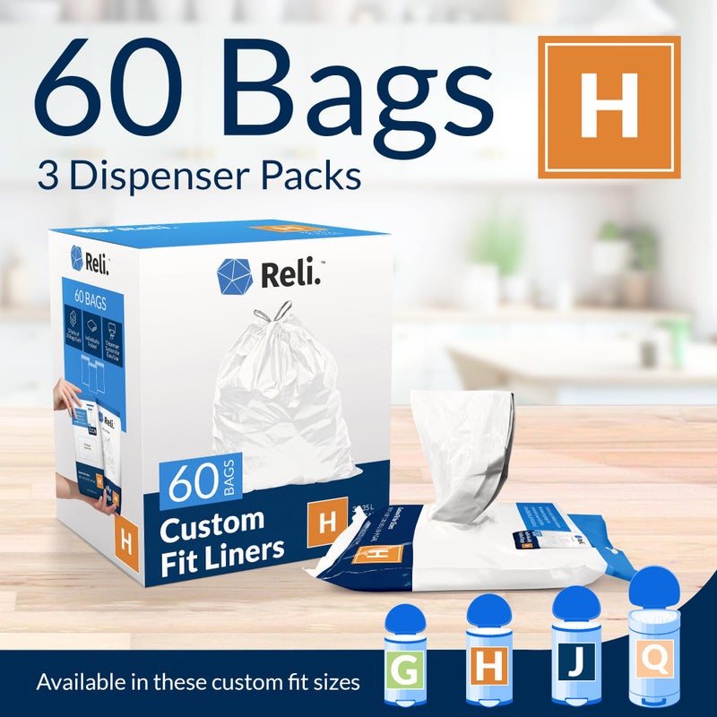 Reli. ريلي. أكياس قمامة H ملائمة حسب الطلب (60 قطعة) تناسب أكياس Simplehuman Code H 30-35 لترًا و8-9 جالونًا | الرباط سلة المهملات | أكياس قمامة بيضاء 8 جالون برباط | 18.5 × 28 بوصة (3 عبوات) 1.2 مل - Image 2