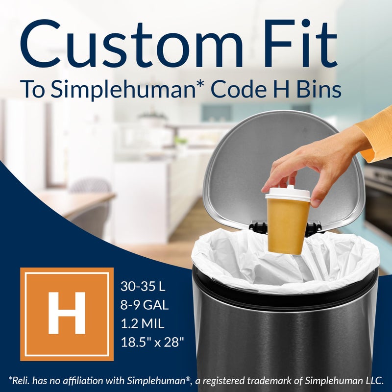 Reli. ريلي. أكياس قمامة H ملائمة حسب الطلب (60 قطعة) تناسب أكياس Simplehuman Code H 30-35 لترًا و8-9 جالونًا | الرباط سلة المهملات | أكياس قمامة بيضاء 8 جالون برباط | 18.5 × 28 بوصة (3 عبوات) 1.2 مل - Image 3