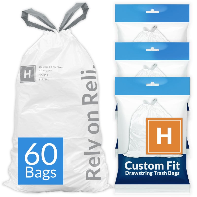 Reli. ريلي. أكياس قمامة H ملائمة حسب الطلب (60 قطعة) تناسب أكياس Simplehuman Code H 30-35 لترًا و8-9 جالونًا | الرباط سلة المهملات | أكياس قمامة بيضاء 8 جالون برباط | 18.5 × 28 بوصة (3 عبوات) 1.2 مل - Image 1