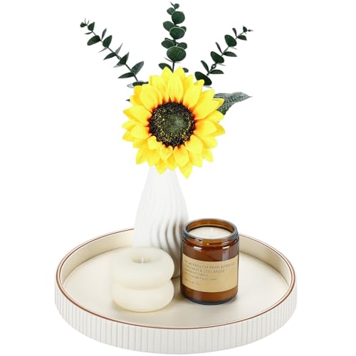 GORESE 12 Round Decorative Serving Tray for Coffee Table PU Leather Compact Table Tray for Home Decor Nightstand Valet Tray for Jewelry Perfume Keys Cream White - Image 1