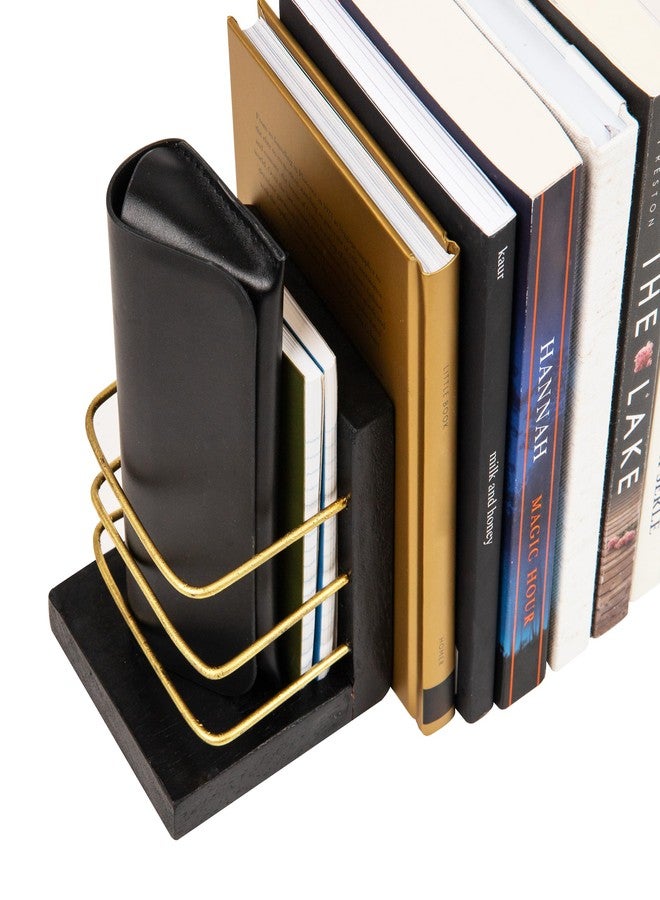 Mind Reader Decorative Basket Bookends, Office Decor with Storage, Wood and Metal, Set of 2, Black and Gold - Image 5