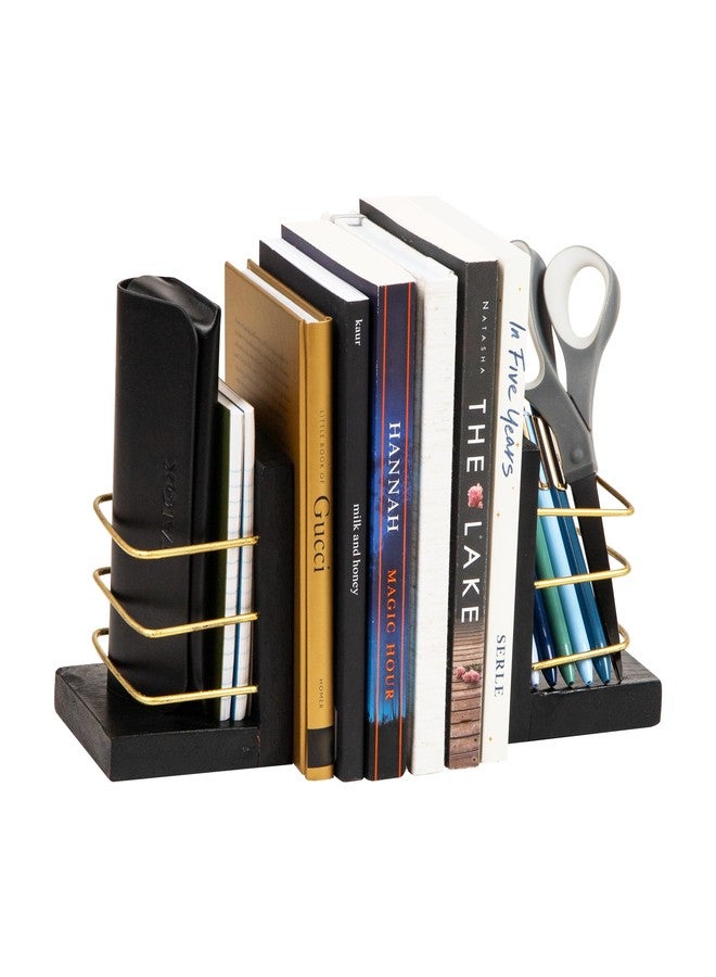 Mind Reader Decorative Basket Bookends, Office Decor with Storage, Wood and Metal, Set of 2, Black and Gold - Image 1