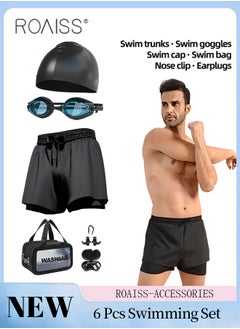 roaiss 6 Pcs Men's Swimming Goggles Set, Beach Outdoor Swimming Gear with HD Anti-fog Swimming Goggle, Swimming Trunk, Swimming Cap, Swimming Bag, Nose Clip, Earplugs  - Image 1