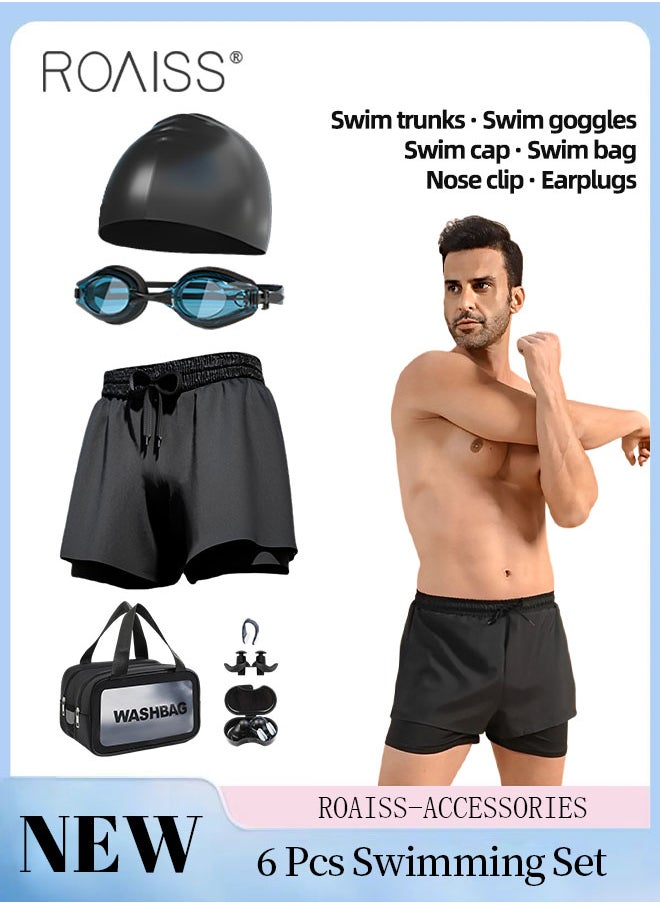 roaiss 6 Pcs Men's Swimming Goggles Set, Beach Outdoor Swimming Gear with HD Anti-fog Swimming Goggle, Swimming Trunk, Swimming Cap, Swimming Bag, Nose Clip, Earplugs  - Image 1