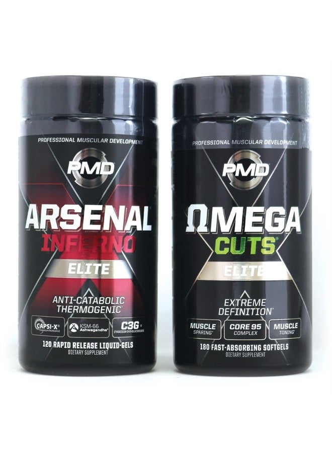 PMD Sports Six Week Inferno Stack - Maximum Strength Fat Burner and CLA Omega Fatty Acid to Lose Fat Fast and Increase Muscle Tone - Arsenal X Inferno/120 Liquid Gels, Omega Cuts Elite/180 Softgels - Image 1