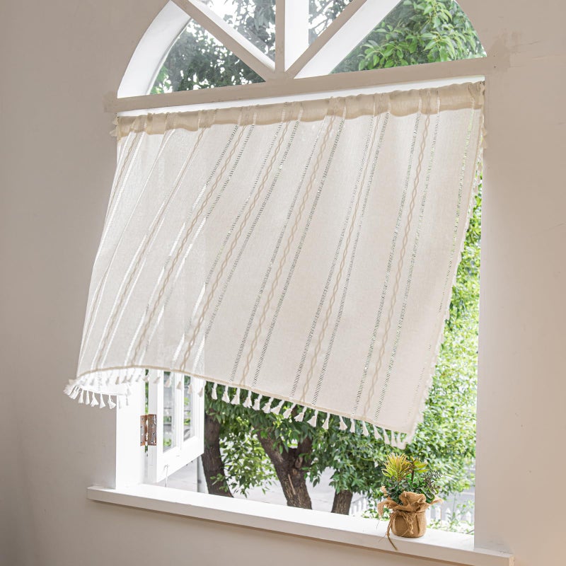 Deeprove Ivory Boho Startain FaLance for Cafe Kitchen Closet Diros Door Deick Sheer Bohemian Farmhouse Cotton Cotton Linen Short Drial Tassel Trim Classic Rustic Window Panel W52 X L18 1 قطعة - Image 1