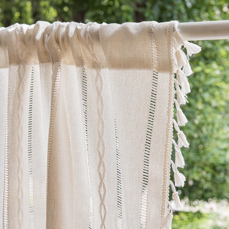Deeprove Ivory Boho Startain FaLance for Cafe Kitchen Closet Diros Door Deick Sheer Bohemian Farmhouse Cotton Cotton Linen Short Drial Tassel Trim Classic Rustic Window Panel W52 X L18 1 قطعة - Image 2