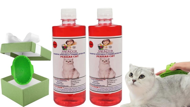 Swacch Persian Cat Shampoo -500ml (Pack of 2) (Strawberry) + Bath Brush with Adjustable Straps Combo Pack - Image 1