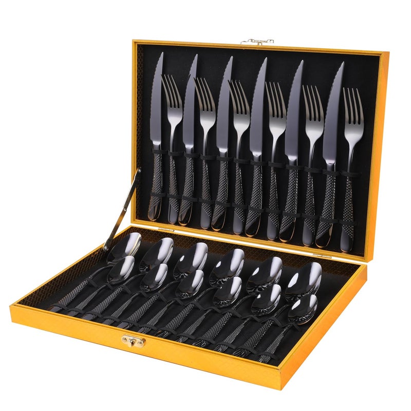 Hammered Black Silverware Set OGORI 24Piece 1810 Stainless Steel Flatware Set Service of 6