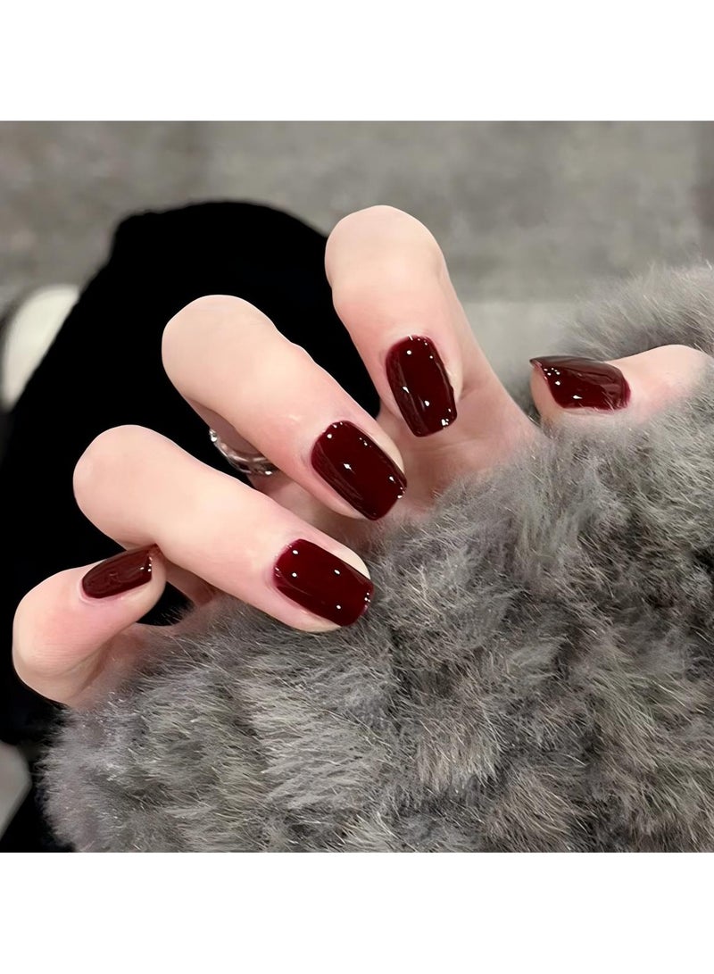 24-Piece Burgundy Fake Nails, Wearable False Nails, Short Style, Versatile, Removable, No Damage to Nails, Finished Nails - Image 3